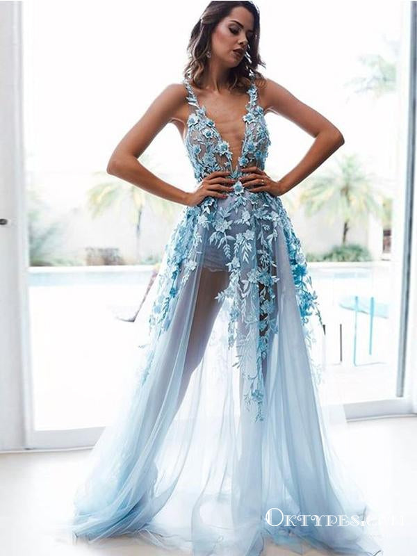 A Line Straps Backless Light Blue Prom ...